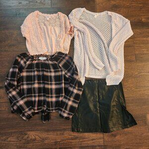 Youth girls large 10/12 bundle black skirt, pink sweaters,  blouse
